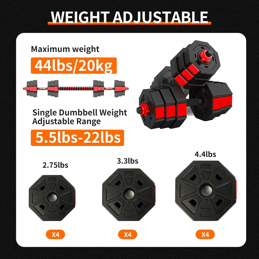 Adjustable Dumbbell Set 2 in 1 Convertible Barbell 5.5-44lbs Rubber Coated Dumbbell Home Gym Weight Training Fitness Equipment